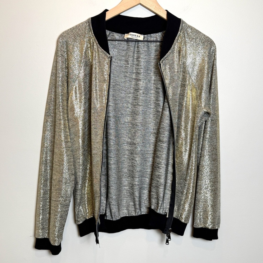 Trois Ka Womens M / L Metallic Bomber Jacket Gold Full Zip Made in France Light - Picture 7 of 10
